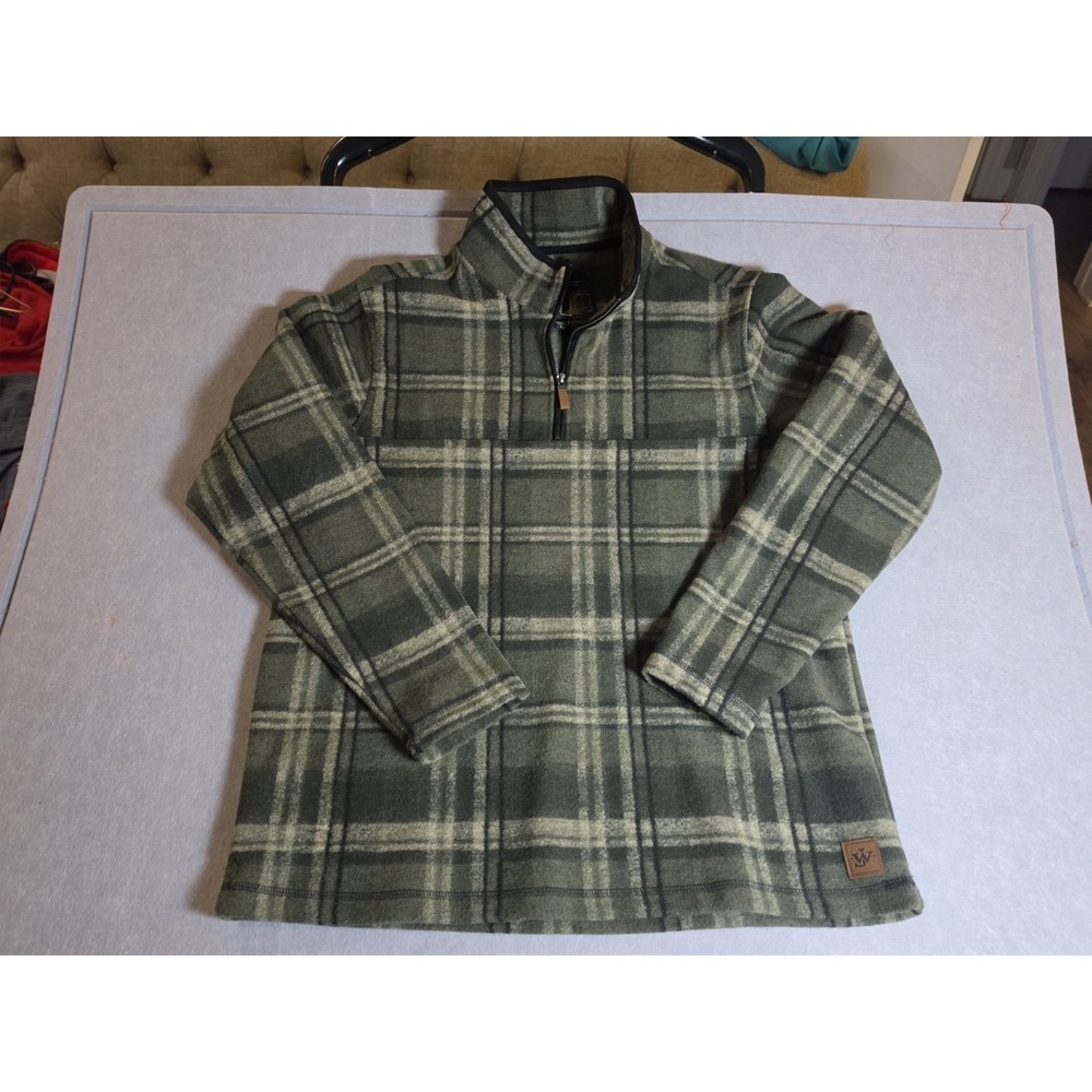 John Wayne Mens L 1/4 Zip Pullover Green Plaid Fleece Sweater Mock Neck